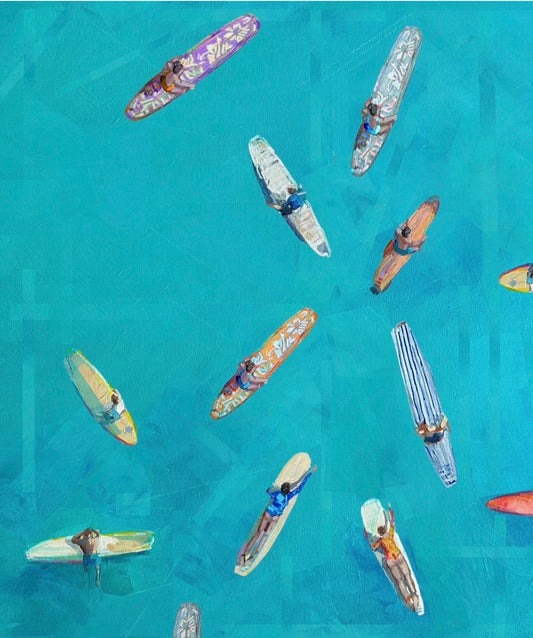 Charleston coastal fine art print of a surfer figure in layered teal and coral color with an airy shoreline feel by Ryan Beck