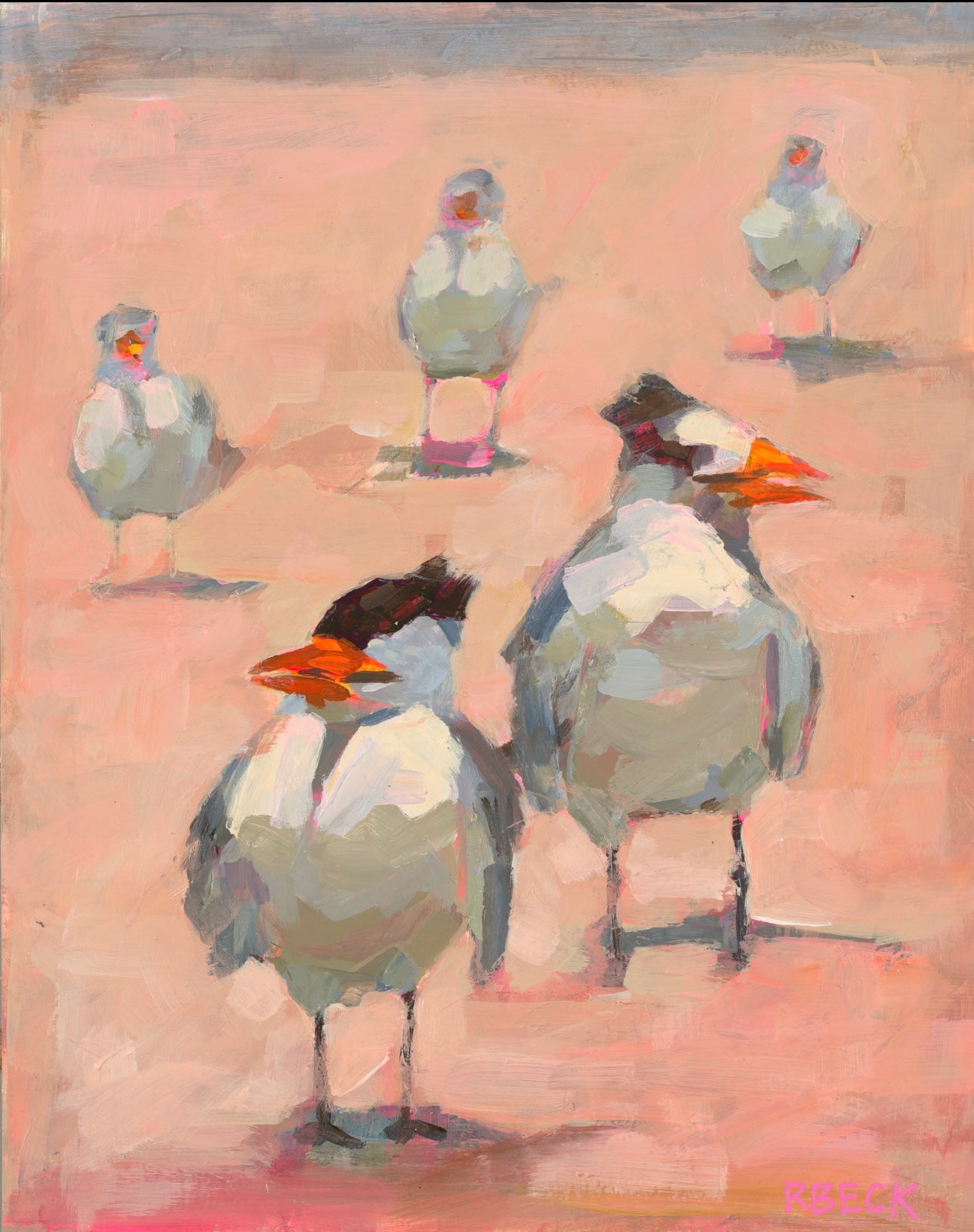 Tern Around Bright Eyes coastal bird art print by Charleston artist Ryan Beck featuring a tern shorebird in soft neutral tones with vibrant pinks and gentle coastal blues