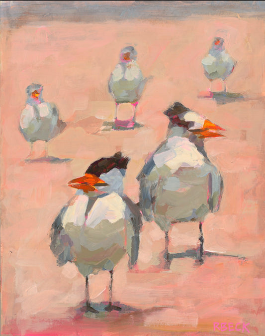 Tern Around Bright Eyes coastal bird art print by Charleston artist Ryan Beck featuring a tern shorebird in soft neutral tones with vibrant pinks and gentle coastal blues