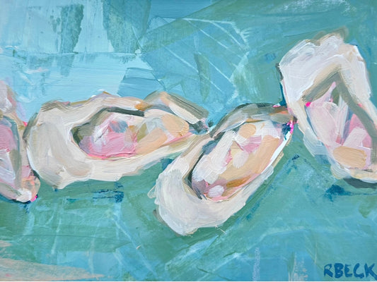 Coastal fine art print of a horizontal oyster study in soft teals and muted pinks with calm rhythm and layered texture by Ryan Beck.