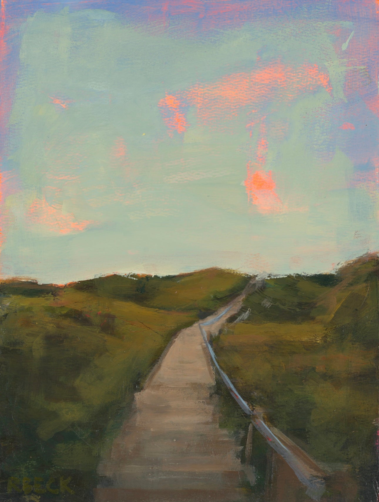 Coastal fine art print of a sandy path between dunes and maritime forest leading toward a warm horizon sky by Ryan Beck