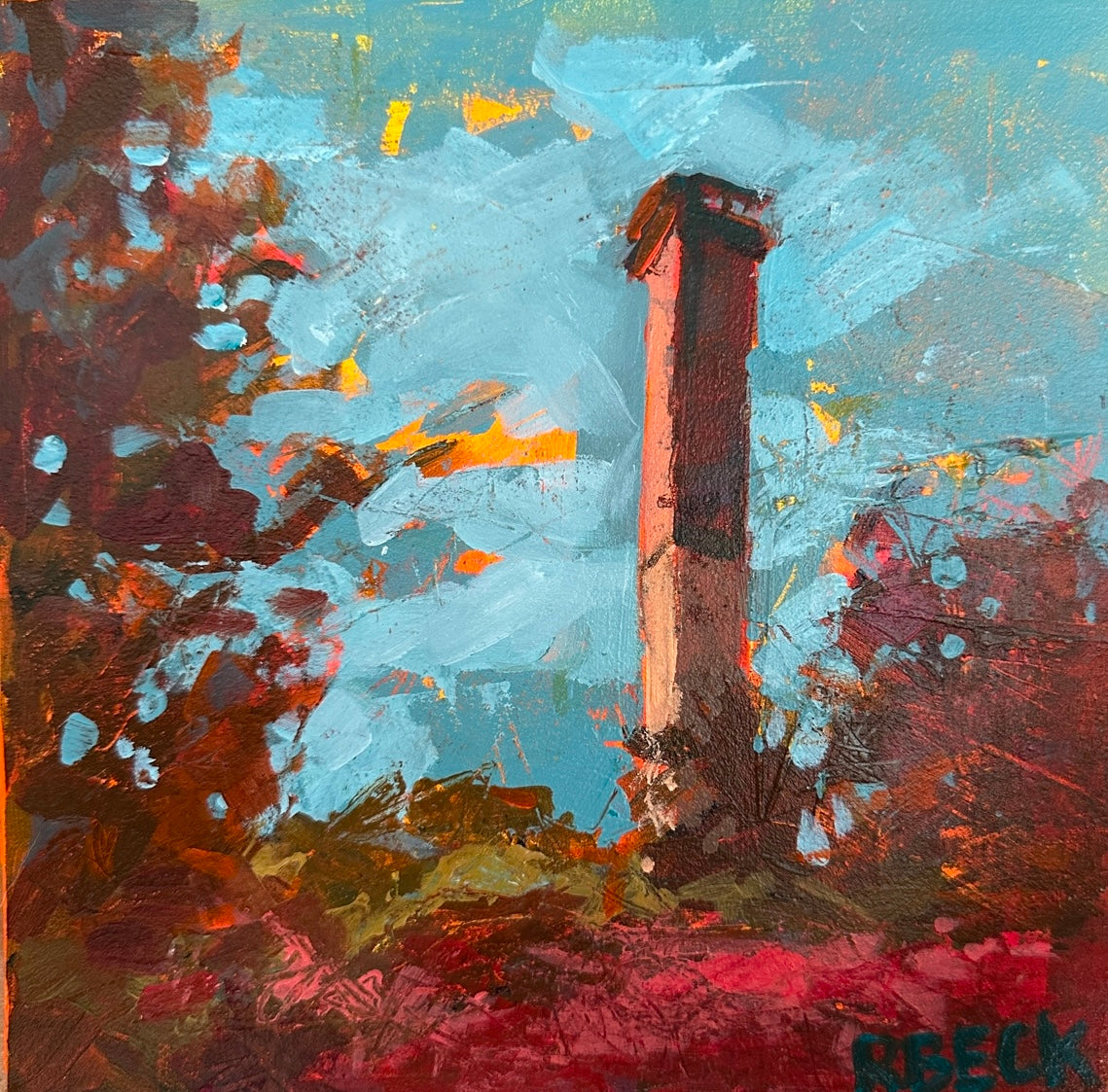 Vibrant Reflections, an 8x8 original painting by Charleston artist Ryan Beck, featuring the iconic Sullivan’s Island Lighthouse in vibrant colors. Perfect for gifting or decor.