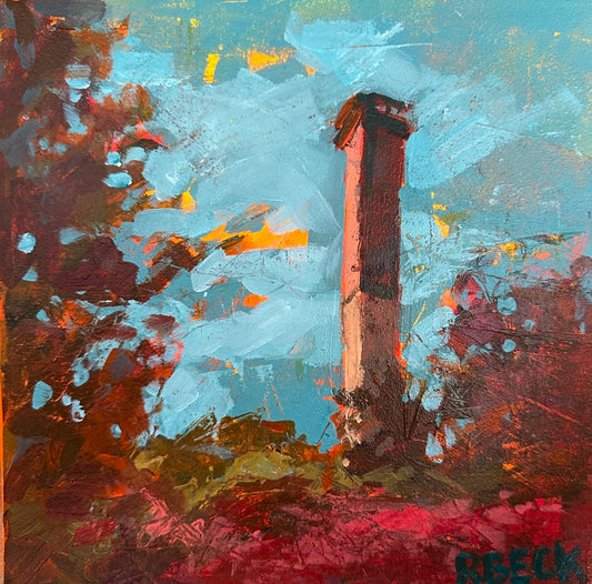 Vibrant Reflections, an 8x8 original painting by Charleston artist Ryan Beck, featuring the iconic Sullivan’s Island Lighthouse in vibrant colors. Perfect for gifting or decor.