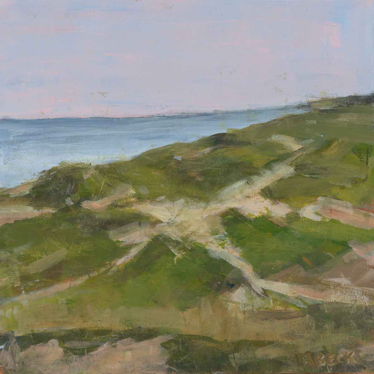View From Here Cape Cod landscape painting by Ryan Beck, inspired by Great Island Trail in Wellfleet, with green coastal dunes, sandy paths, blue water and a pastel sky.