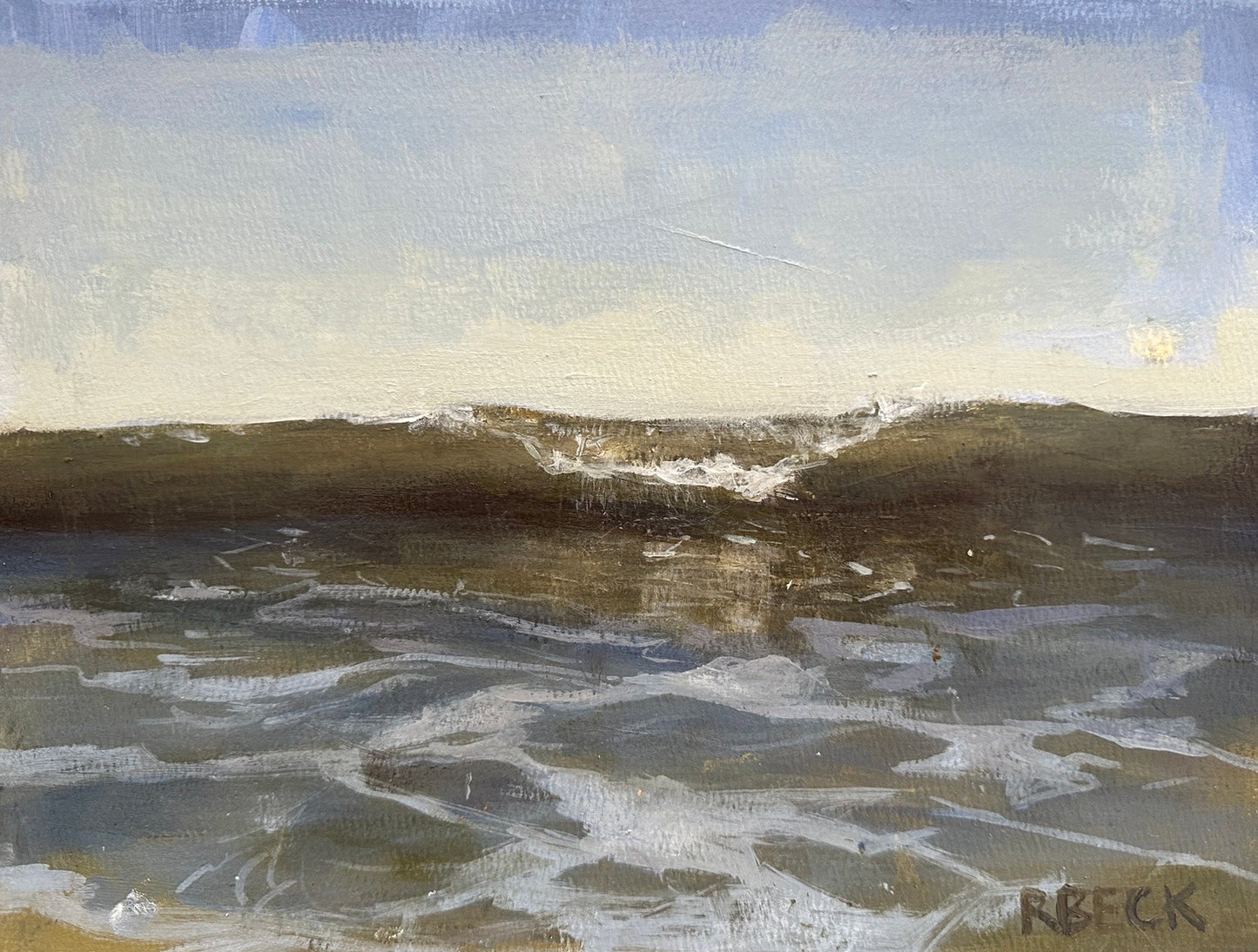 Wave Song ocean wave art print by Charleston artist Ryan Beck featuring layered ocean blues, sea-glass greens, muted coastal neutrals, rhythmic surf, and sunlit wave movement