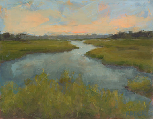 Charleston coastal fine art print of a marsh and meandering tidal creek in layered greens and blues by Ryan Beck