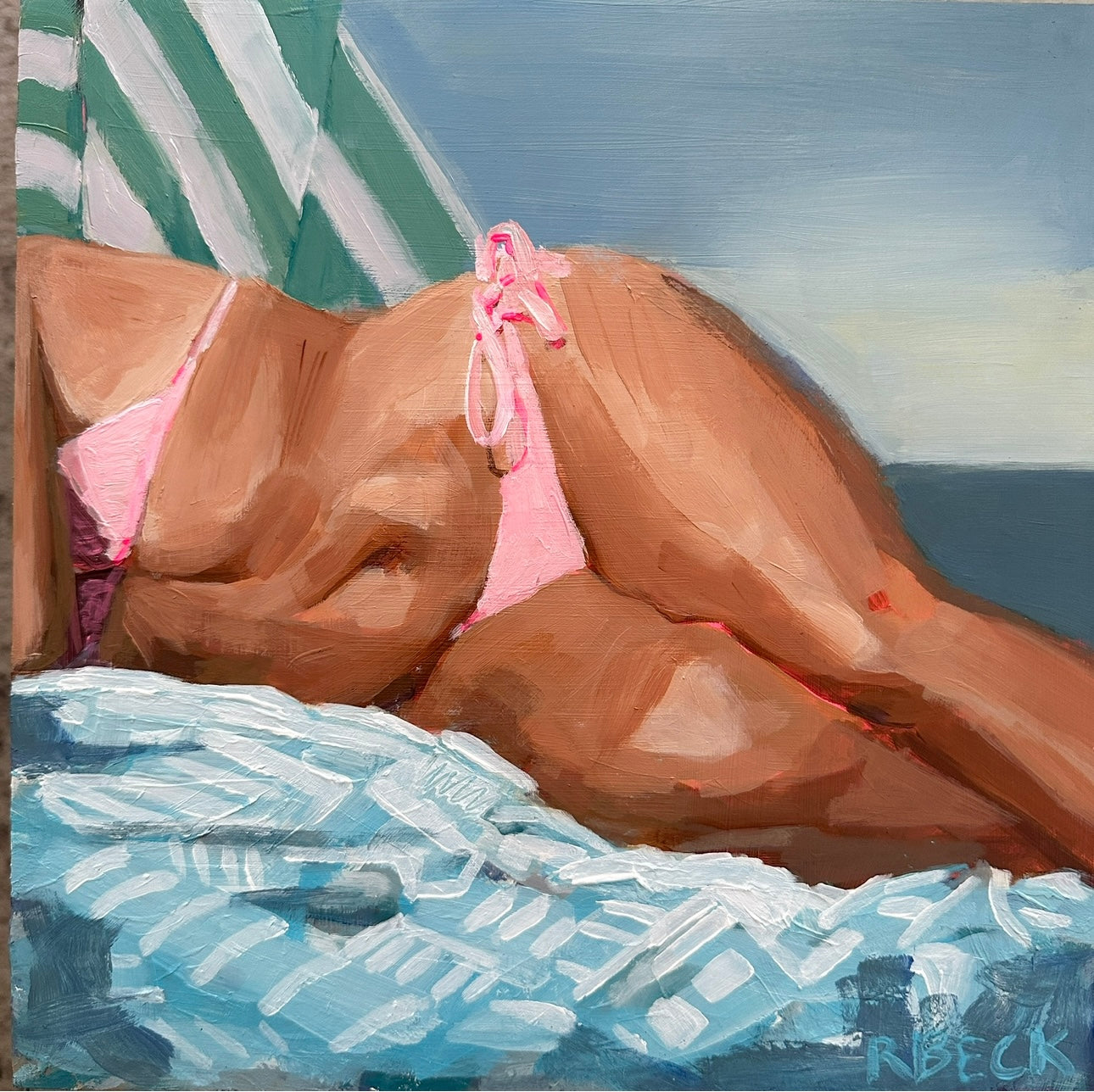 Afternoon Sun Charleston coastal original painting by Ryan Beck featuring woman on beach in pink bikini under afternoon light