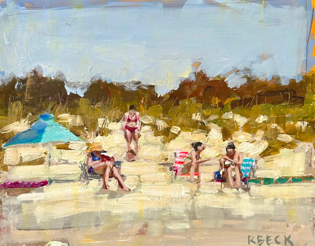Coastal fine art print by Charleston artist Ryan Beck, featuring a summer beach day with warm hues and relaxed brushstrokes

