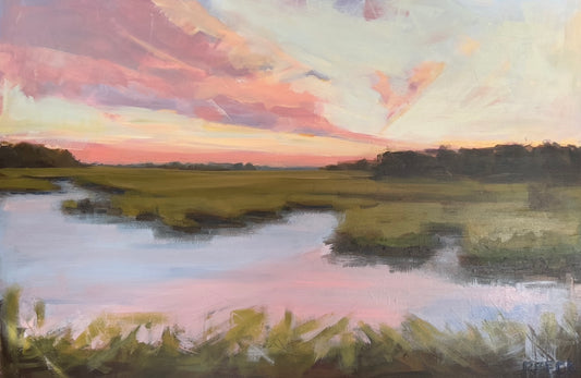Blush Tide original Charleston coastal marsh sunset painting by artist Ryan Beck with sweeping pink coral sky over Lowcountry water
