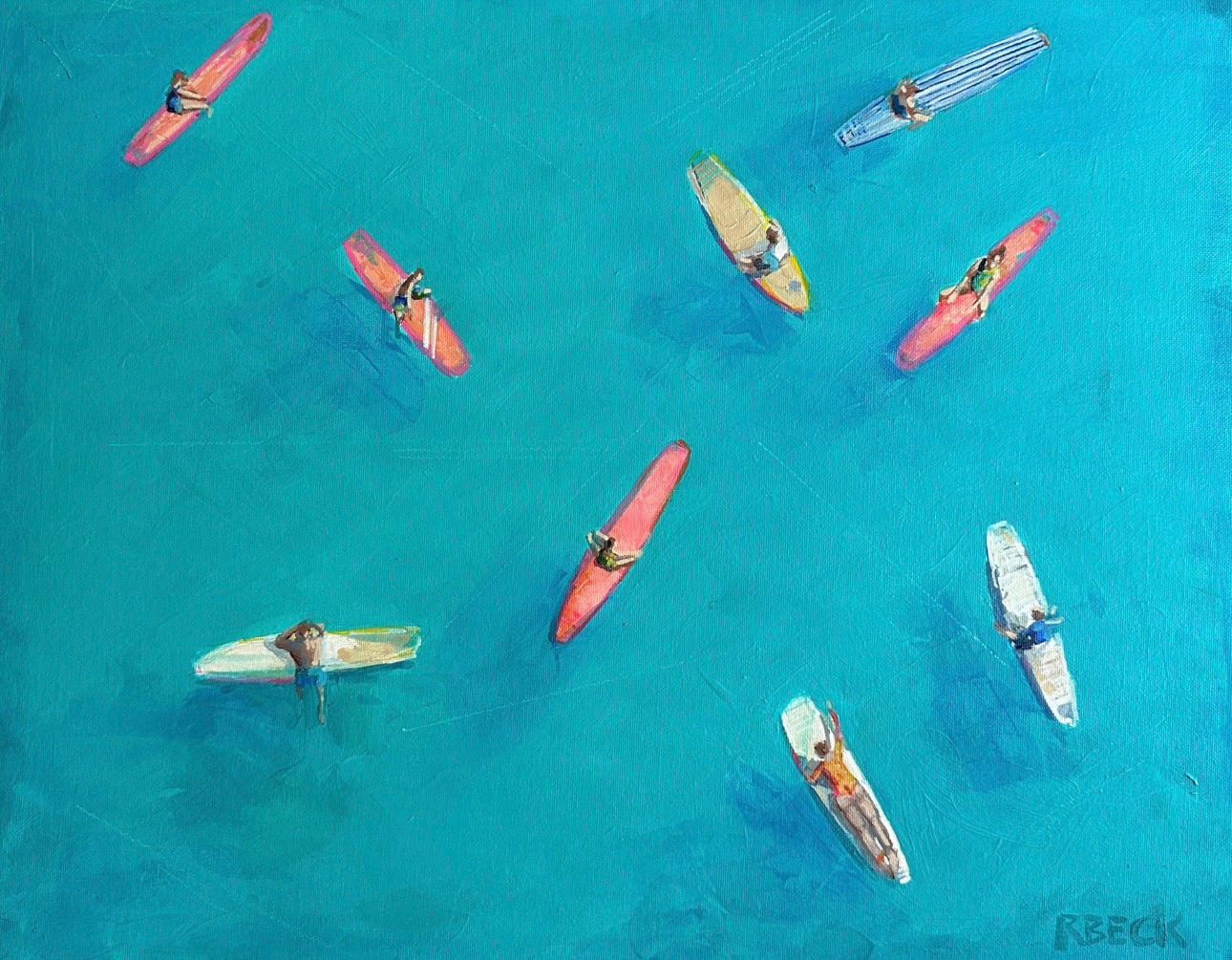 Charleston surf fine art print by Ryan Beck, featuring an aerial view of surfers drifting on vibrant teal waters with coral accents

