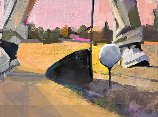 Charleston coastal fine art print of a close-up golfer in action with layered yellows and lavenders by Ryan Beck.