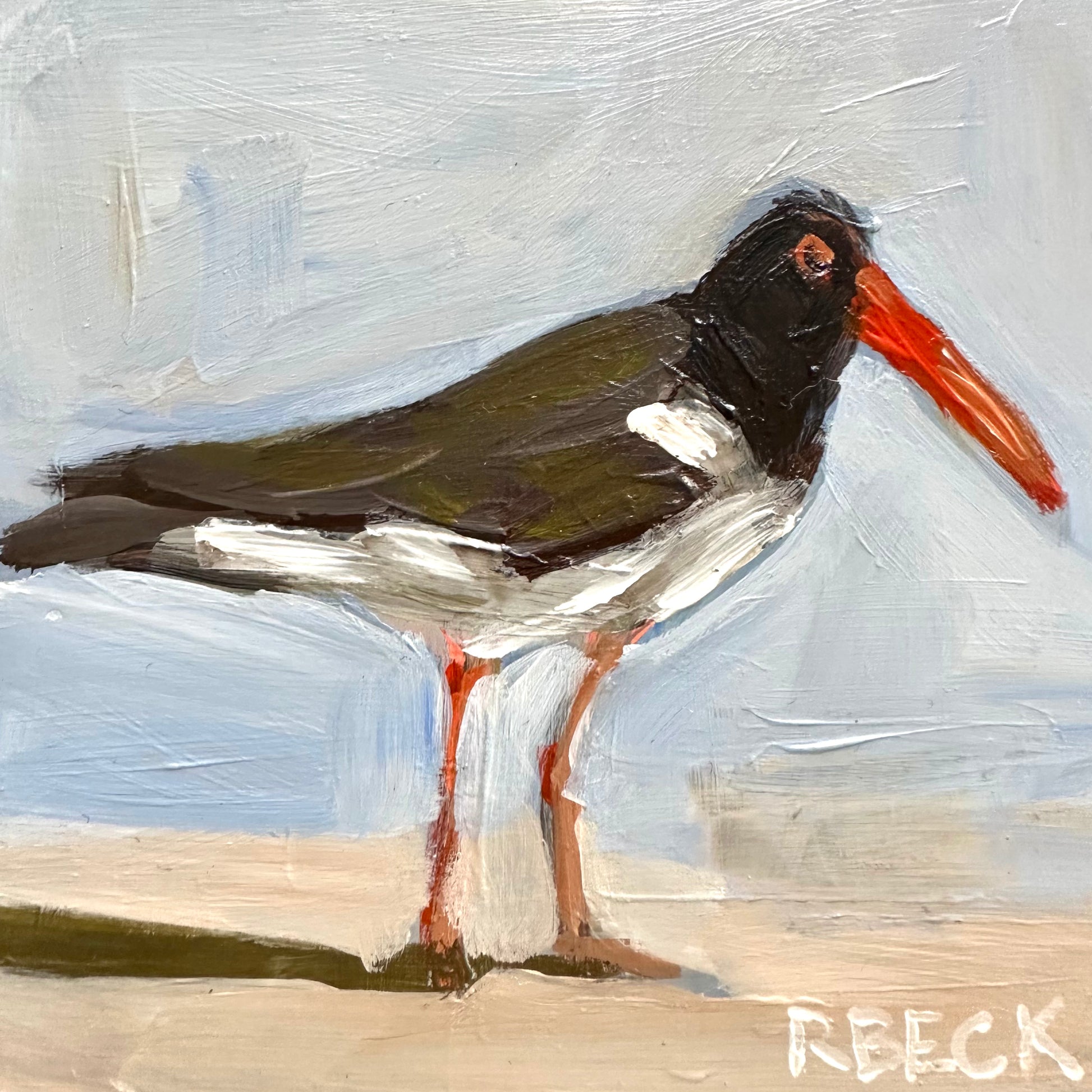 American Oystercatcher Mini Print by Charleston Artist Ryan Beck - Coastal Art in Neutral Colors with Muted Blue and Bright Orange Beak