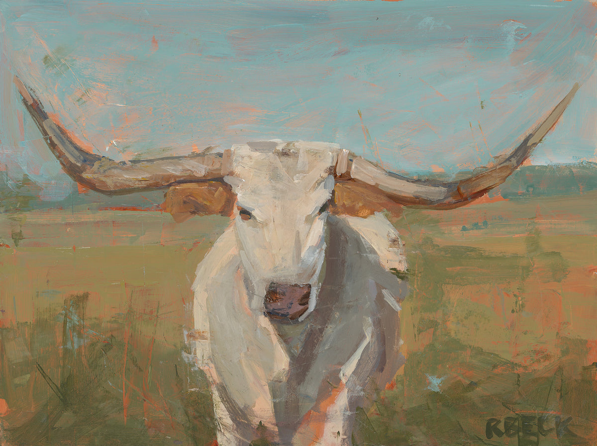 Longhorn painting by Ryan Beck showing a white Texas longhorn with sweeping horns against an open landscape in soft sage green, sandy beige and muted blue.