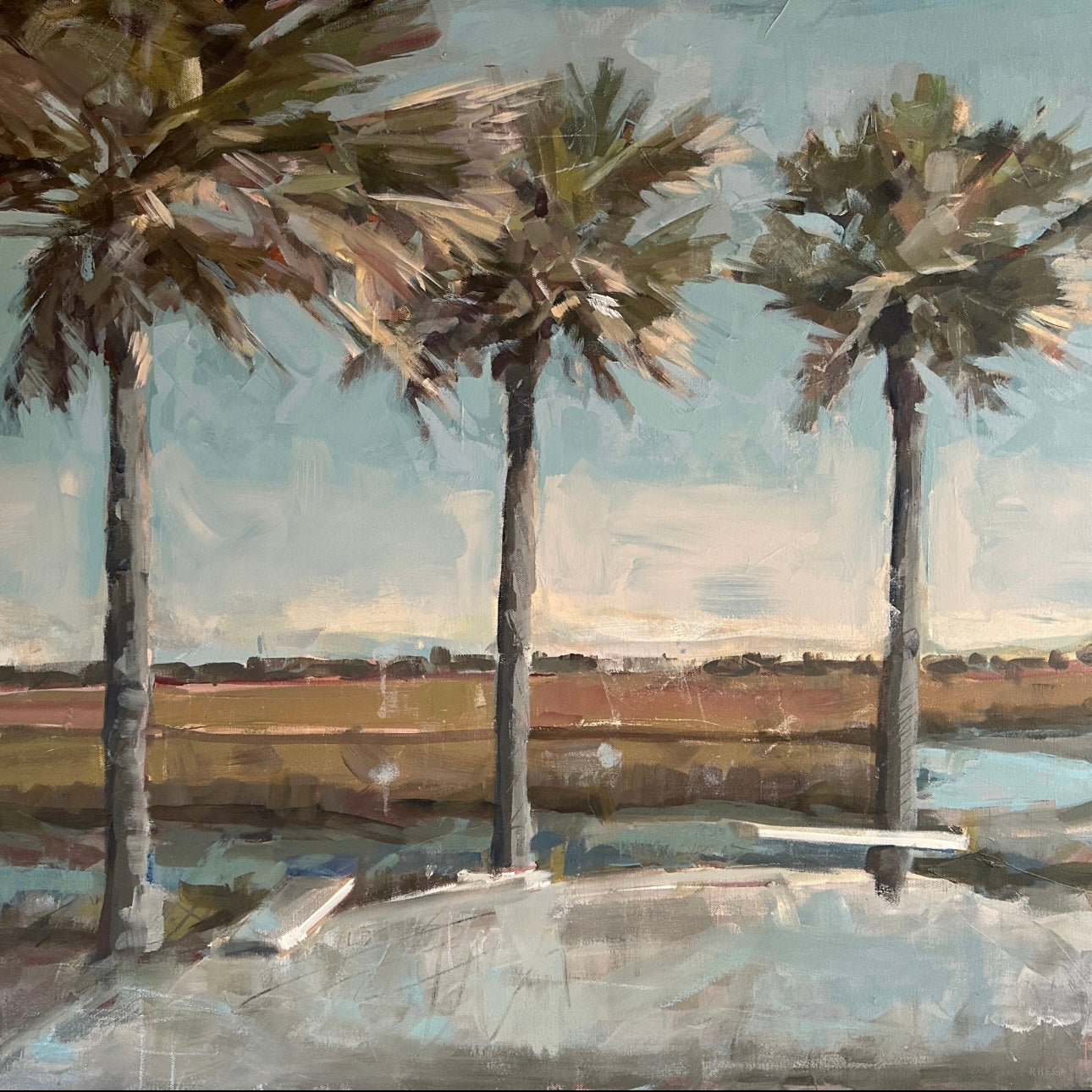 Coastal marsh fine art print by Charleston artist Ryan Beck, featuring deep earthy hues of palms, soft neutrals, and layered textures


