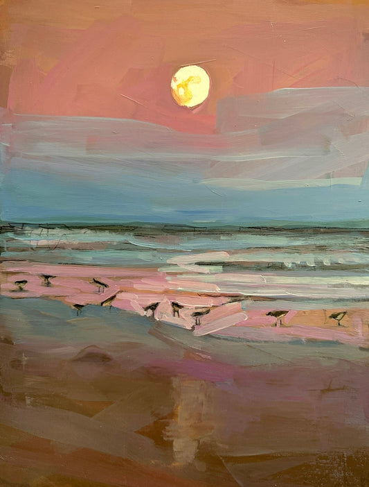 Full moon coastal fine art print by Charleston artist Ryan Beck, featuring a glowing ocean, beach birds, and warm reflections on sand and water