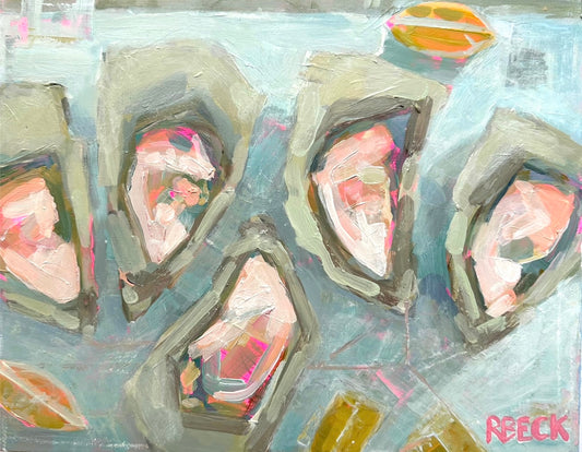 Coastal oyster fine art print by Charleston artist Ryan Beck, featuring vibrant pinks, turquoise tones, and layered textures for a modern take on oyster art