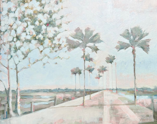 Pitt Street Bridge coastal fine art print by Charleston artist Ryan Beck, featuring soft pinks, gentle yellows, and calming neutrals in a serene Lowcountry landscape

