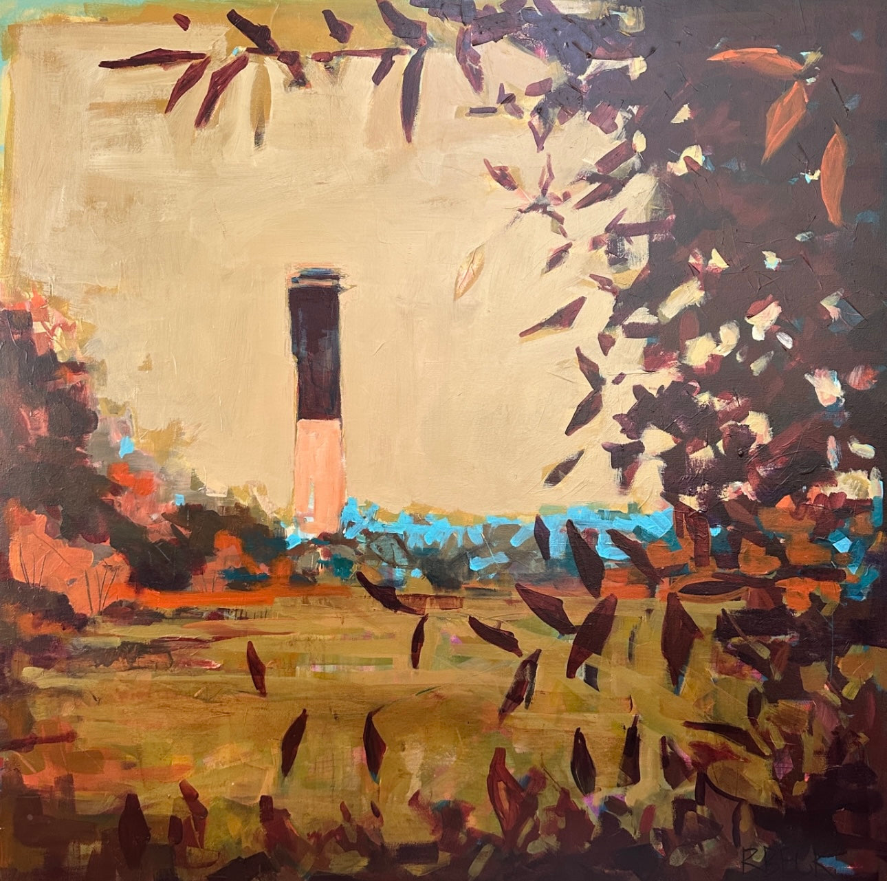 Salted Ember original Charleston coastal painting by Ryan Beck featuring the Sullivan’s Island Lighthouse in burnt orange, burgundy, chartreuse, and turquoise tones – a luxury holiday gift idea for coastal art collectors