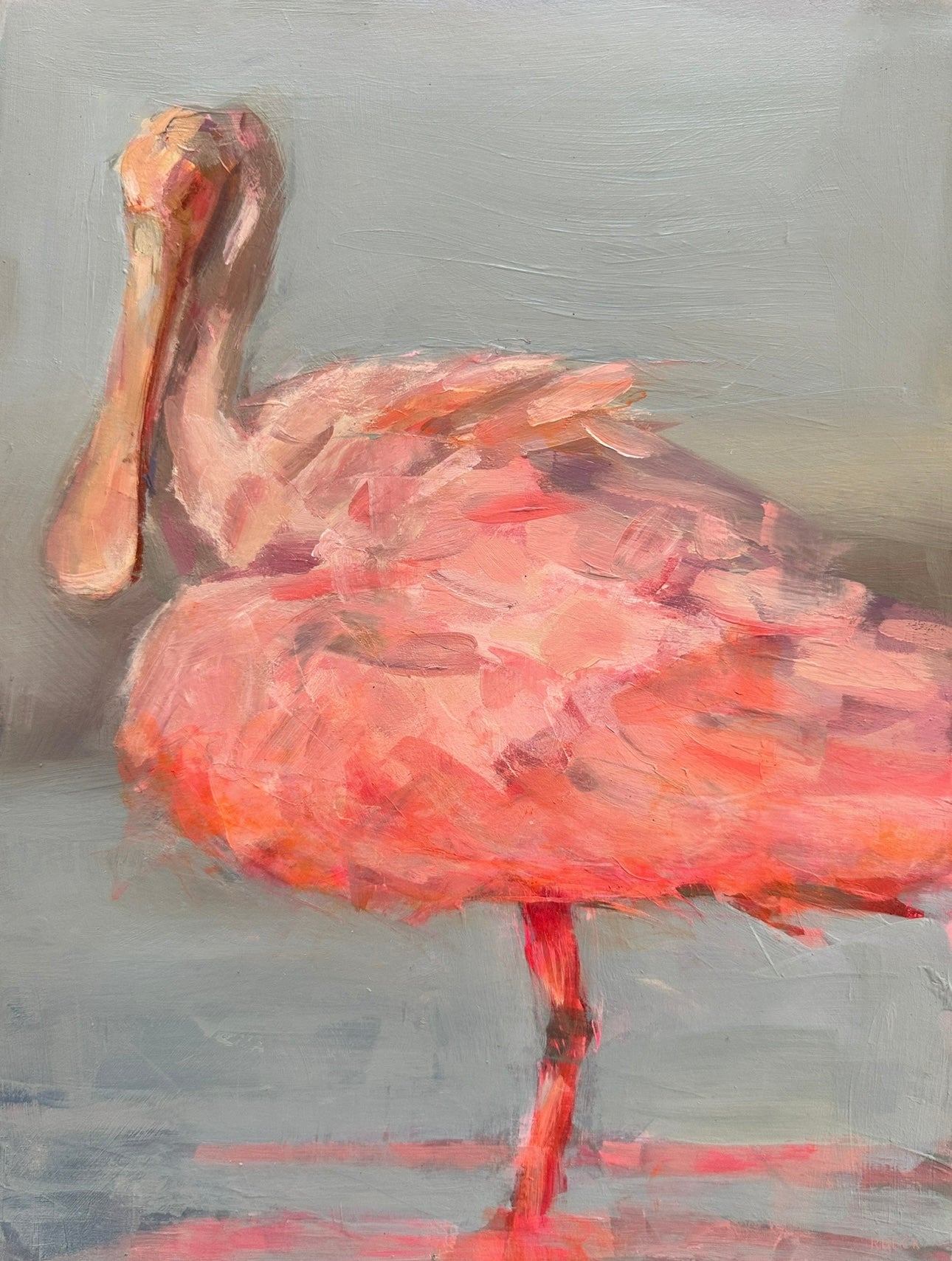 Roseate Spoonbill coastal fine art print by Charleston artist Ryan Beck, featuring expressive brushstrokes in soft pinks and neutrals.