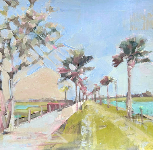 Pitt Street Bridge coastal fine art print by Charleston artist Ryan Beck, featuring bright hues and gentle brushstrokes capturing a summer stroll