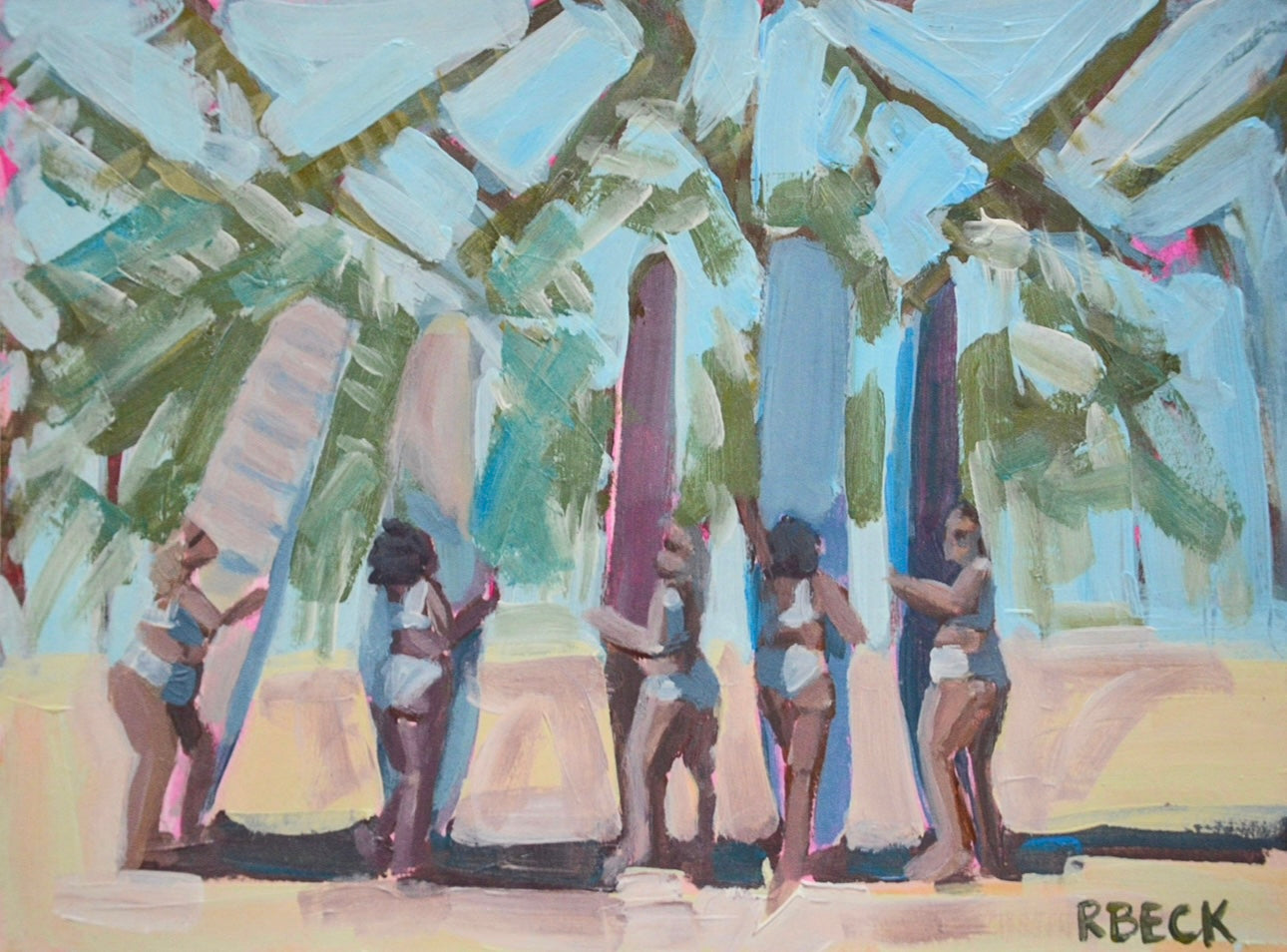 Female surfer fine art print by Charleston artist Ryan Beck, featuring vibrant pinks, purples, greens, and blues in a bold celebration of surf culture