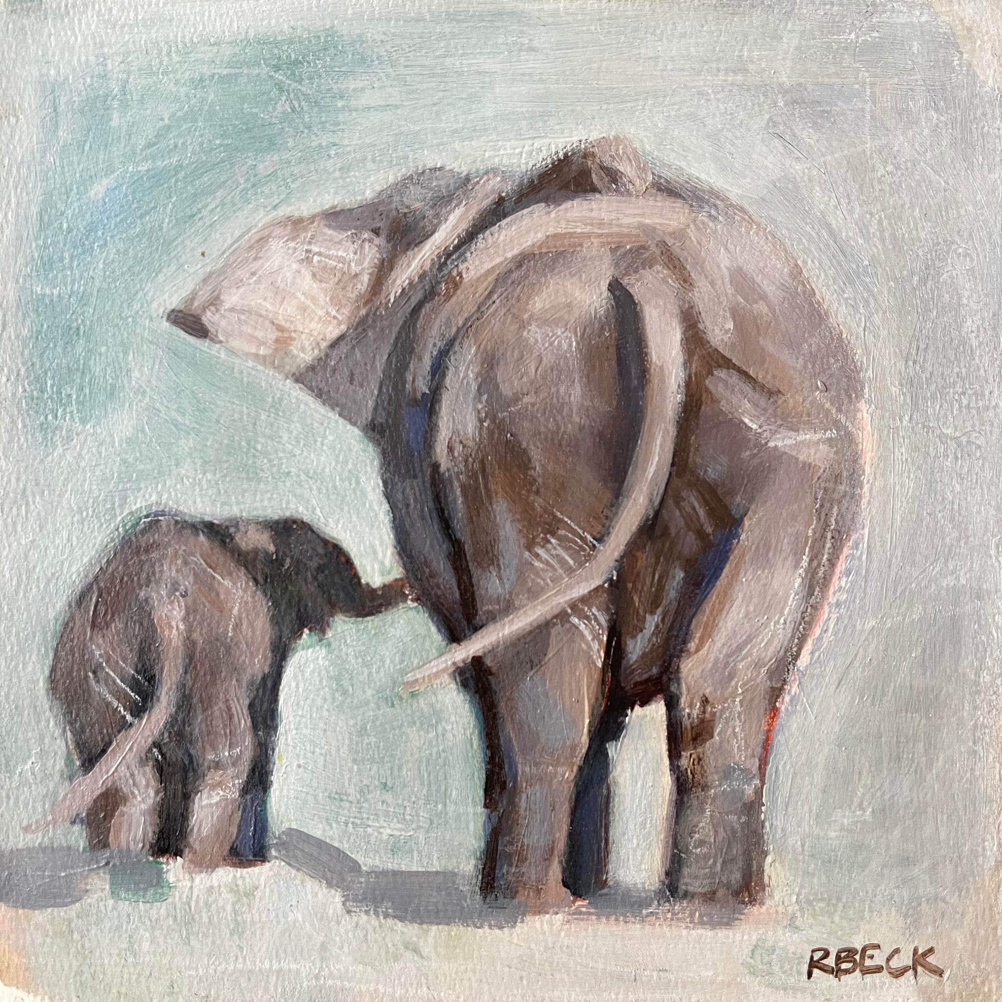 A square mother and calf elephant study with intertwined trunks rendered as a coastal fine art print by Ryan Beck.