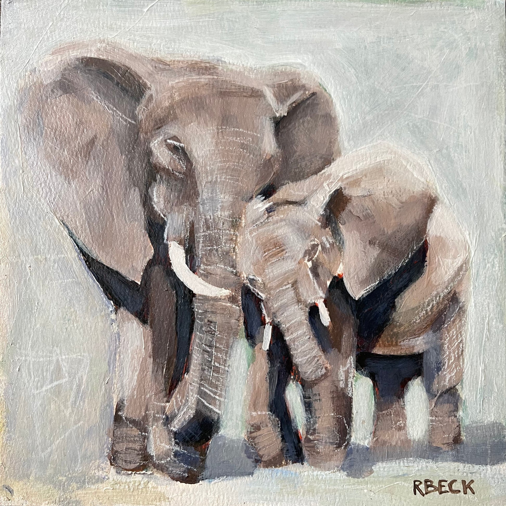 A square mother and calf elephant study with gently intertwined trunks rendered as a coastal fine art print by Ryan Beck.