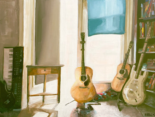 A horizontal music studio interior still life with guitars, books, and a keyboard rendered as a coastal fine art print by Ryan Beck.