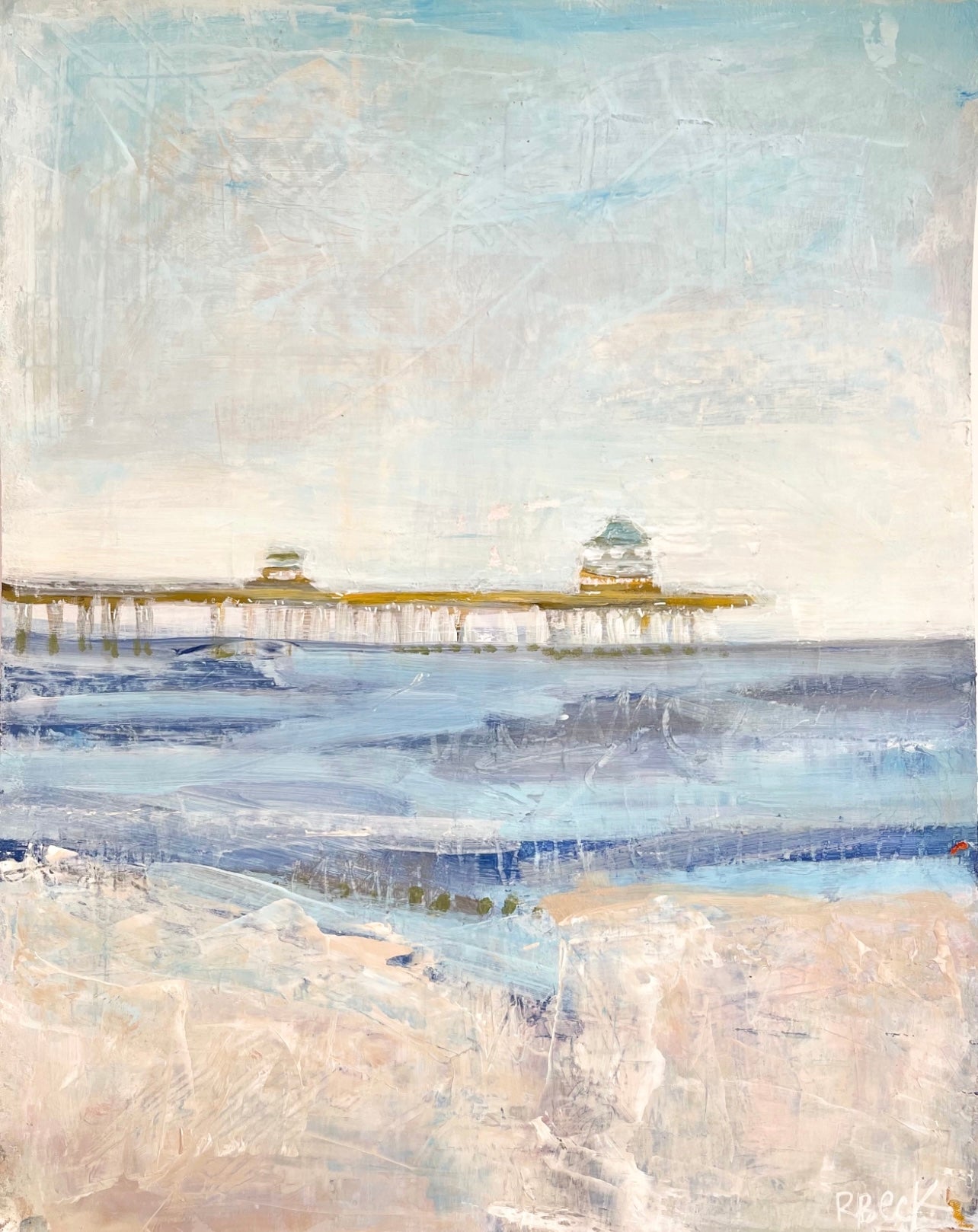 Charleston coastal fine art print of the historic Folly Beach pier in soft blues and neutral tones by Ryan Beck.