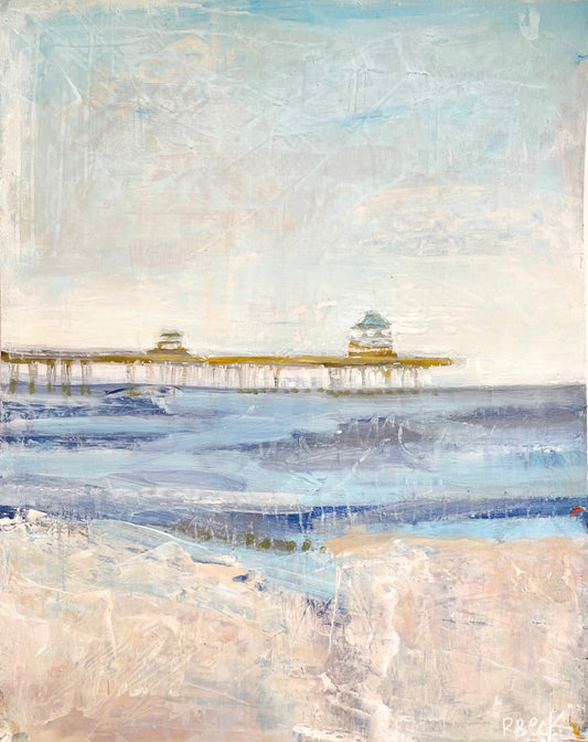Charleston coastal fine art print of the historic Folly Beach pier in soft blues and neutral tones by Ryan Beck.
