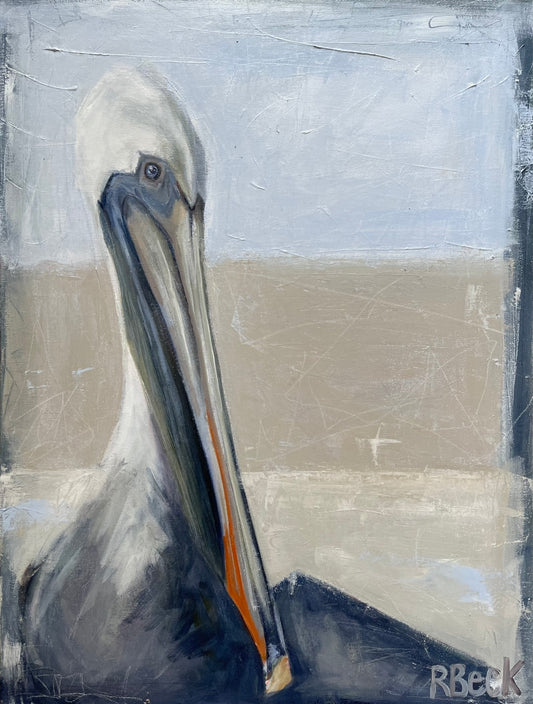 A vertical pelican seabird portrait inspired by the Charleston coast rendered as a coastal fine art print by Ryan Beck.