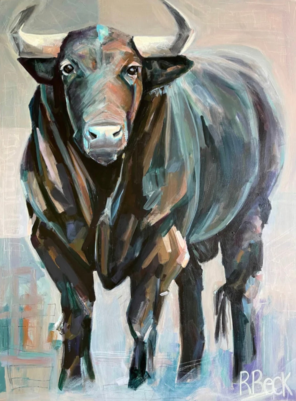 Bull Giclée Print by Charleston Artist Ryan Beck - Abstract Art in Teal and Dark Oranges