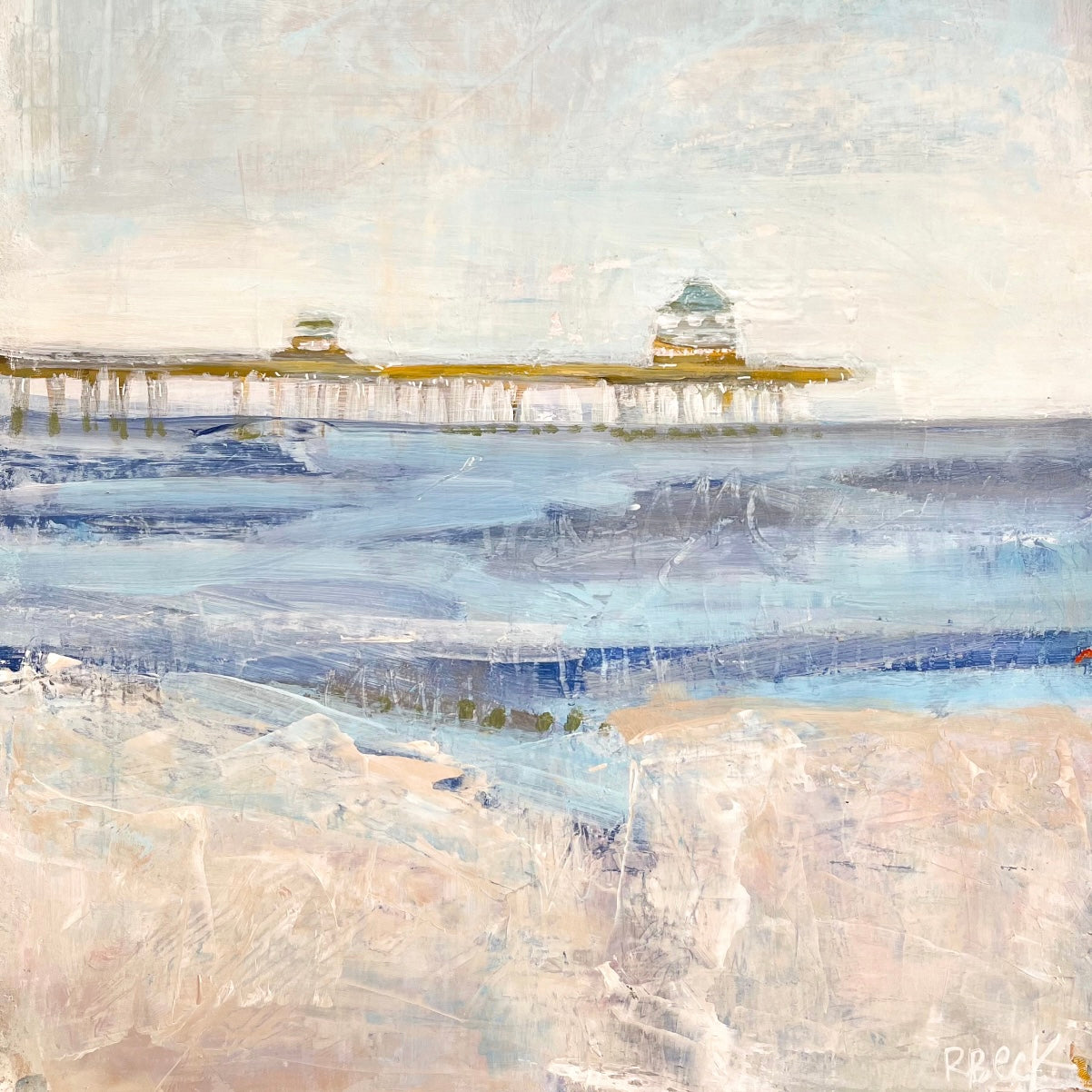 Giclée print of Old Pier on Folly Beach by Charleston artist Ryan Beck, featuring the iconic pier in coastal blues and neutrals, evoking the serene charm of a vintage beach day.